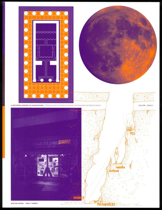 Collage of a moon image, architectural plans, and a map on a white background