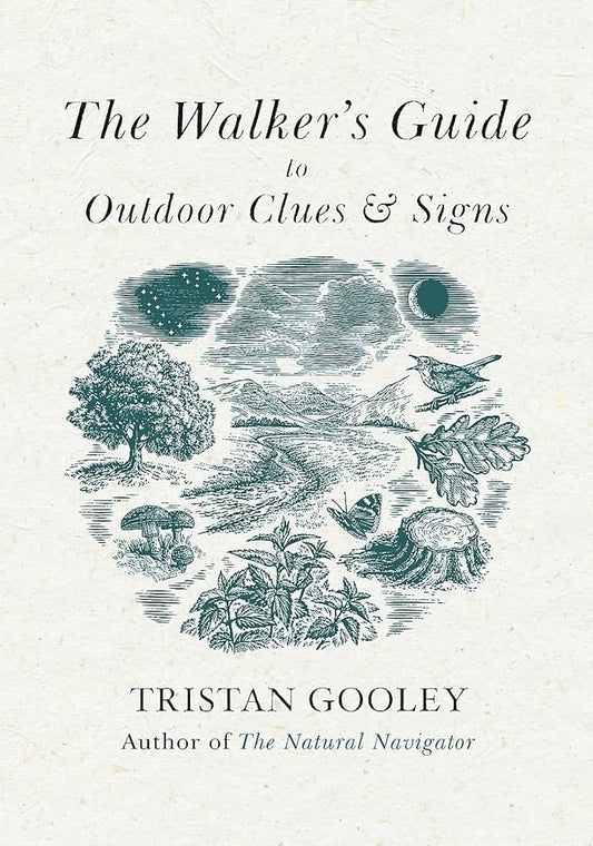 Cover of 'The Walker's Guide to Outdoor Clues and Signs' by Tristan Gooley, featuring illustrations of natural elements like trees, birds, and landscapes.
