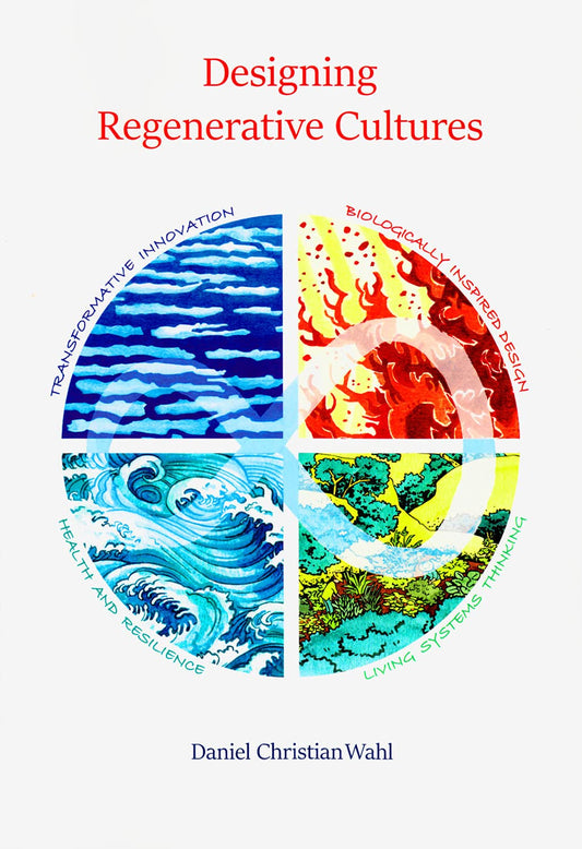 Cover of the book 'Designing Regenerative Cultures' by Daniel Christian Wahl, featuring a circular graphic with diverse cultural symbols and patterns.