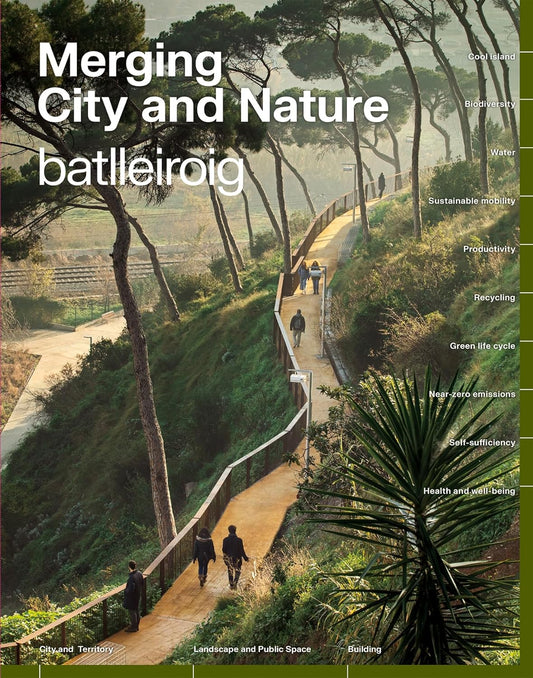 Cover of a book titled 'Merging City and Nature' by battleirog, featuring a scenic path with people walking through a park.
