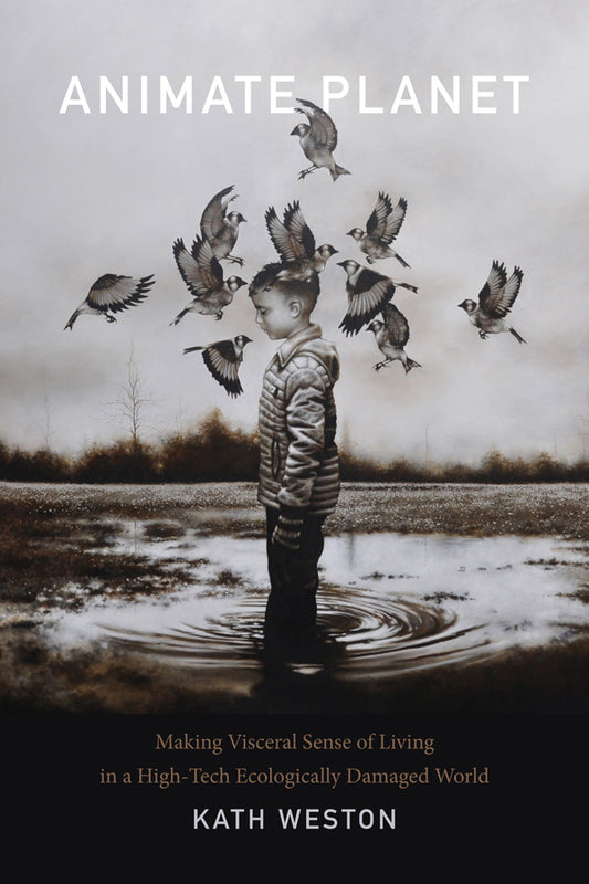 A cover image of the book titled 'Animate Planet' featuring a person standing in water with birds around and above them, set against a backdrop of a wetland or marshy area.