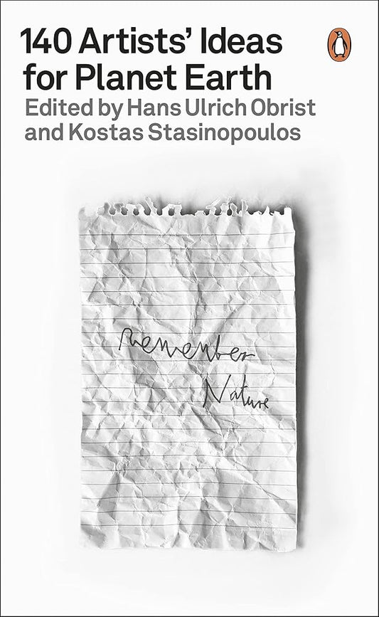 Cover of the book '140 Artists' Ideas for Planet Earth' featuring written content on a piece of paper with a pen drawing on it, against a white background.