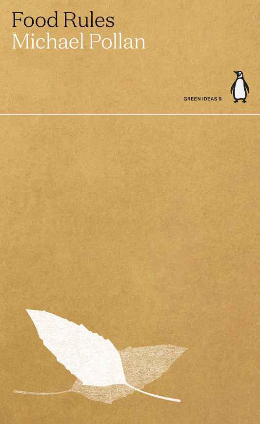 Book cover of 'Food Rules' by Michael Pollan with a leaf illustration on a brown background