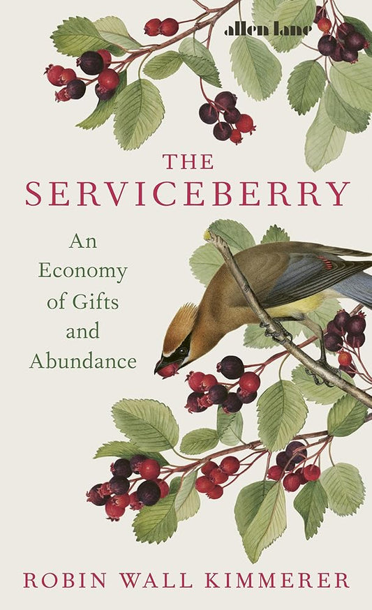 Book cover of 'The Serviceberry' with a bird and serviceberries on a branch.