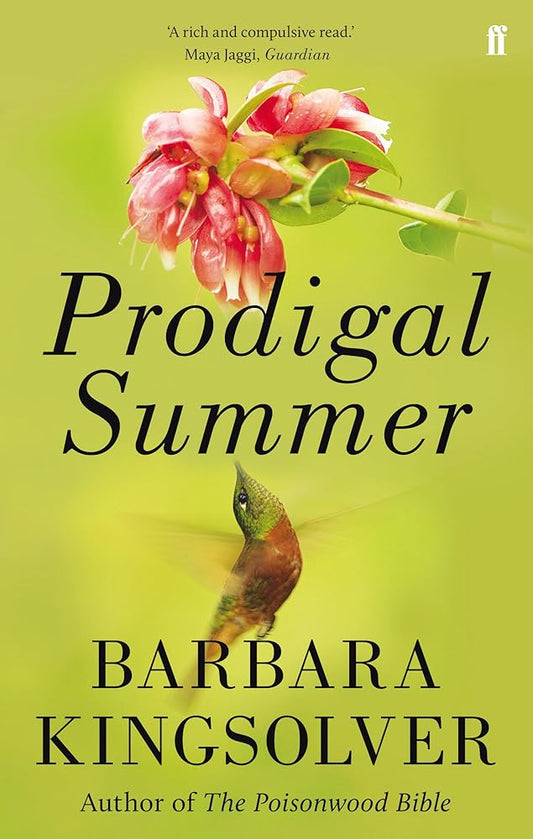 Book cover of 'Prodigal Summer' by Barbara Kingsolver, featuring a green and pink floral image with a butterfly.