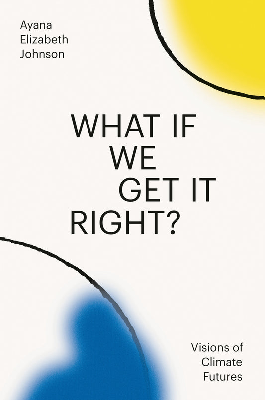 Cover of the book 'What If We Get It Right?: Visions of Climate Futures' by Ayana Elizabeth Johnson featuring abstract shapes in blue and yellow.