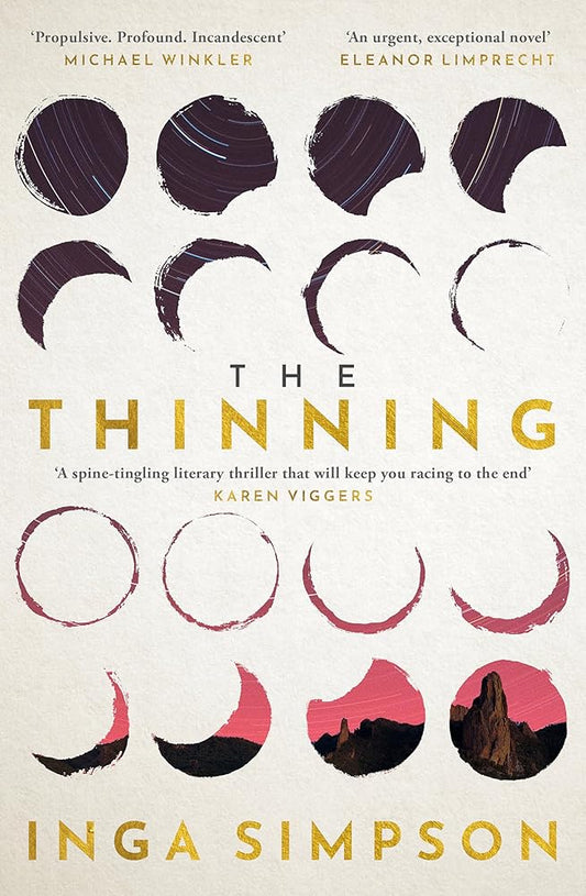 Book cover of 'The Thinning' by Inga Simpson with stylized moon phases.