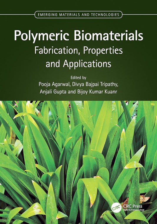 Book cover of 'Polymeric Biomaterials' with green leaves in the background