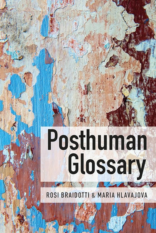 Book cover of 'Posthuman Glossary' with peeling paint effect