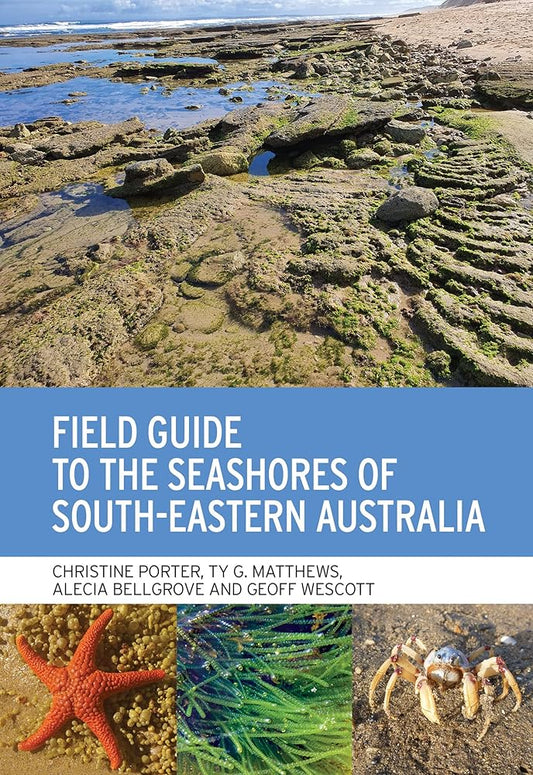 The image shows the cover of the book 'Field Guide to the Seashores of South-Eastern Australia' with a vivid photograph of a rocky seashore environment. In the foreground, there are starfish and other marine life, and in the background, there are rock formations and a body of water.