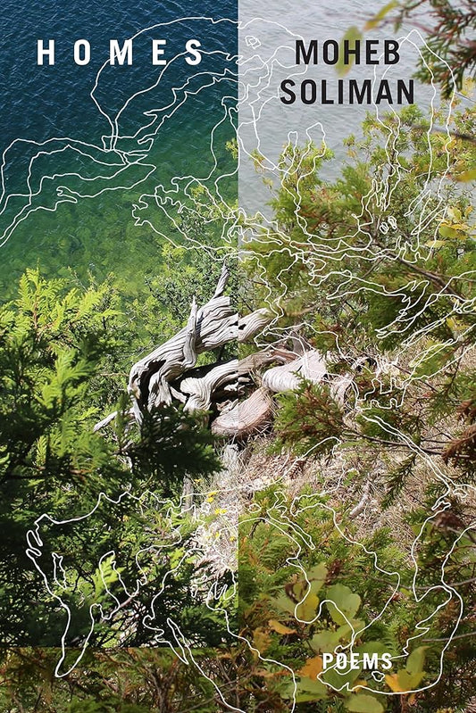 The image features a poetic travelogue book cover with a title 'HOMES' and the author's name 'Moheb Soliman'. The cover is designed with two distinct sections: one featuring a serene lake and forest scene, and the other with abstract, calligraphic lines.