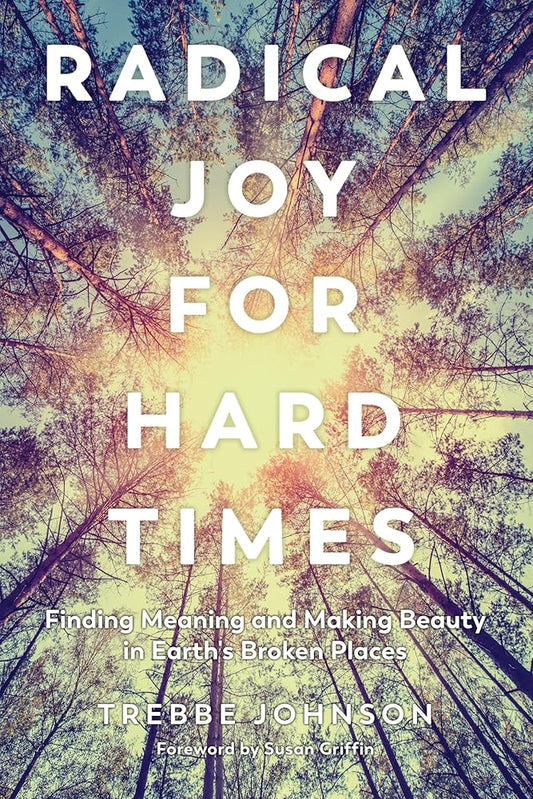 Book cover for 'Radical Joy for Hard Times' featuring a photograph of sunlight filtering through trees, with the title and author's name displayed.