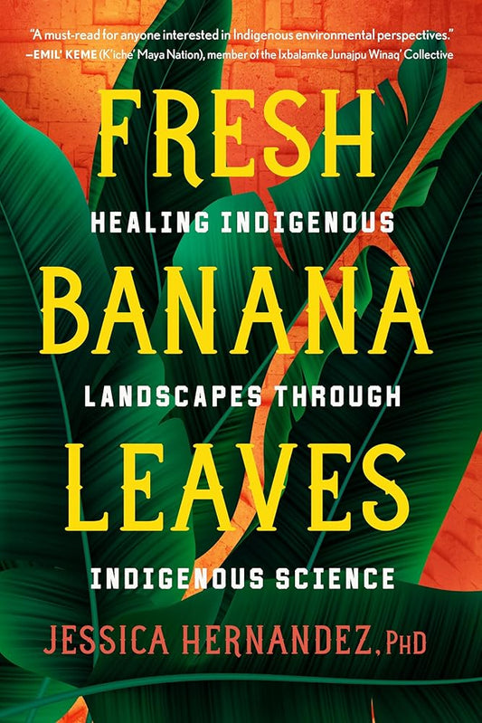 Book cover of 'Fresh Banana Leaves' with tropical leaves and orange background
