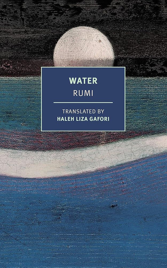 Book cover of 'Water' by Rumi with a blue square containing text on a multicolored background