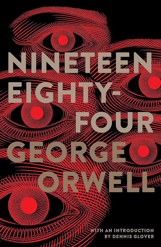 Book cover of 'Nineteen Eighty-Four' by George Orwell with red eye design.