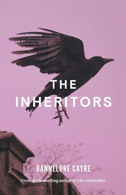 Book cover of 'The Inheritors' with a black bird and pink background