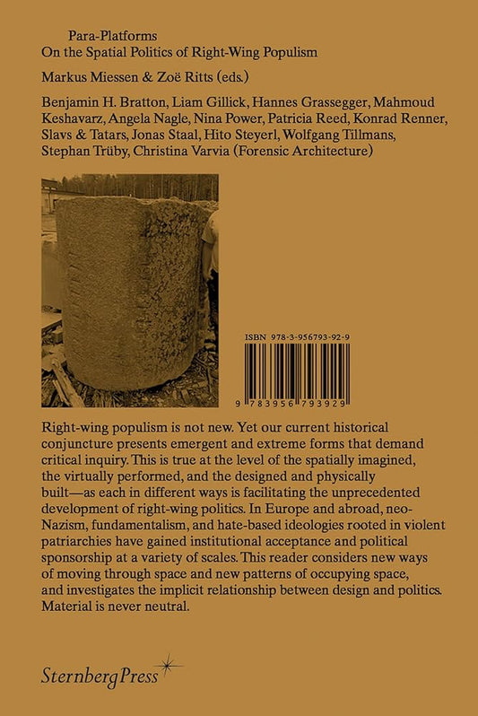 This image displays the back cover of the book titled "Para-Platforms: On the Spatial Politics of Right-Wing Populism" published by Sternberg Press. The cover features a continuation of the thematic exploration with a visually stark and clean design, much like the front cover.