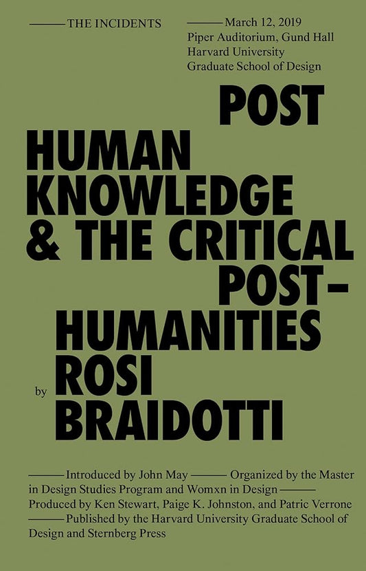 This image features a minimalist book cover for "Posthuman Knowledge and the Critical Posthumanities" by Rosi Braidotti. The design is clean and modern, utilizing a muted green background that highlights the title and subtitle in bold, black text.