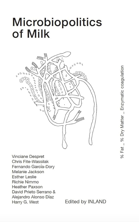 Cover of the book 'Microbiopolitics of Milk' featuring a line drawing of a bacterial cell, with title and edited by text.