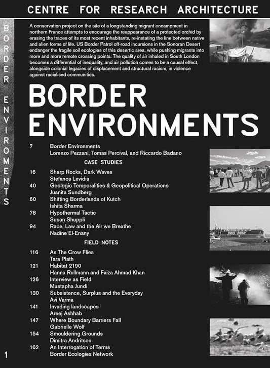Book cover for 'Border Environments' featuring text and a list of contributors, with images of individuals and scenes related to the book's theme.