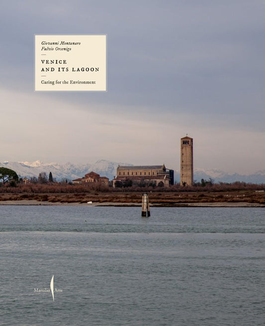 Cityscape with a tower and buildings on an island, with text overlay about Venice and its Lagoon.