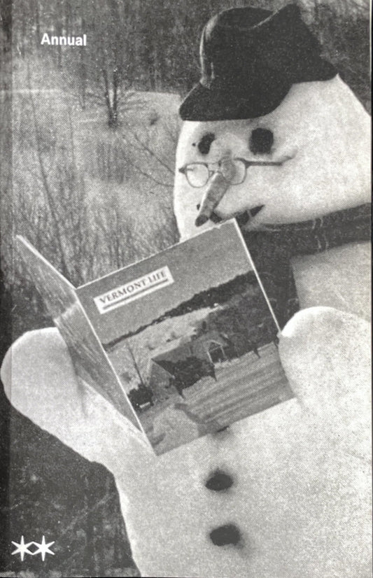 Book cover of "Are.na Annual". The design shows a snowman reading a magazine in a grainy black and white picture.
