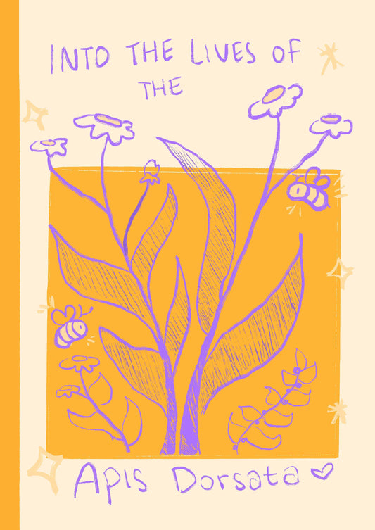 Cover of "Into the Lives of the Apis Dorsata" zine, with a purple-on-yellow floral design