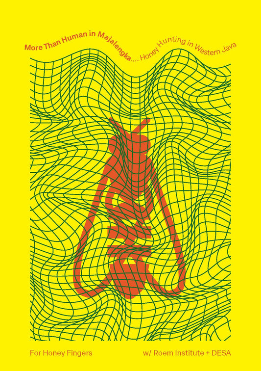 Cover of "More than Human in Majalengka" zine, with an abstract red bee  on a yellow background.