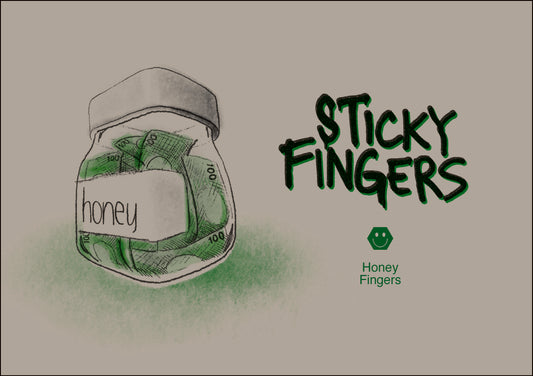 Cover of "Sticky Fingers" zine, with an illustration of a jar labeled 'honey' with money inside.