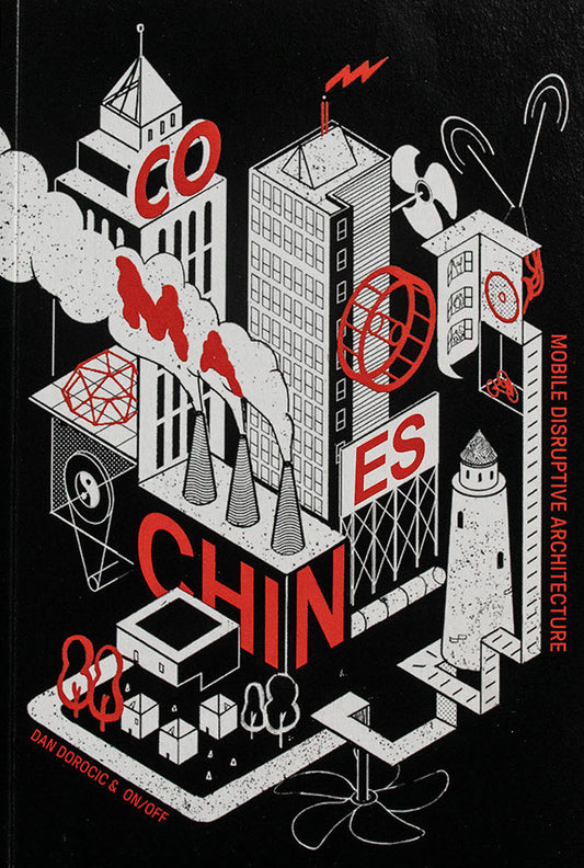 Book cover with architectural illustrations and text on a black background