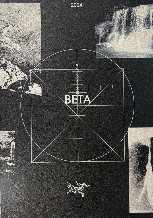 Calendar with 'BETA' text and geometric design on a black background with nature-themed images.