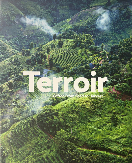 Book cover of 'Terroir: Coffee from Seed to Harvest' with a scenic mountain landscape.