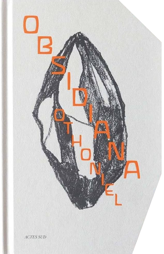 Book cover with an illustration of an obsidian stone and text on a white background