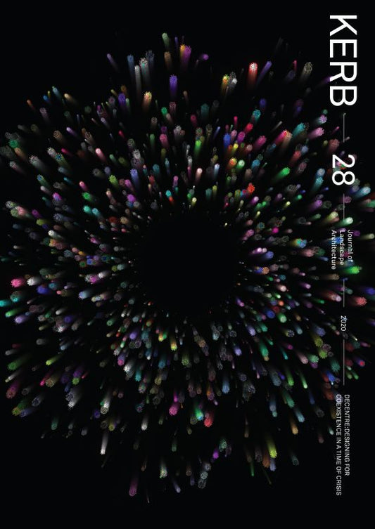 A cover image of 'Kerb 28: Decentre' featuring a close-up view of a colorful, pattern-filled textured design, predominantly in a dark background.