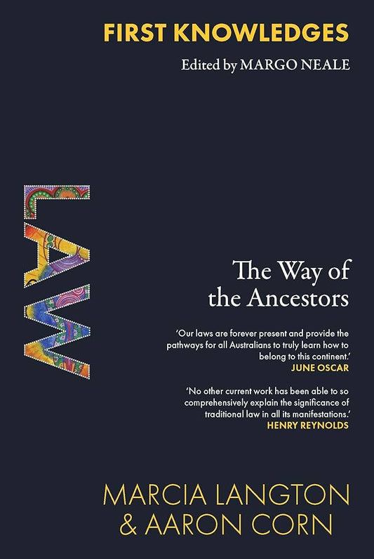Book cover for 'Law: The Way of the Ancestors' featuring a colorful abstract design with the title and editors' names.