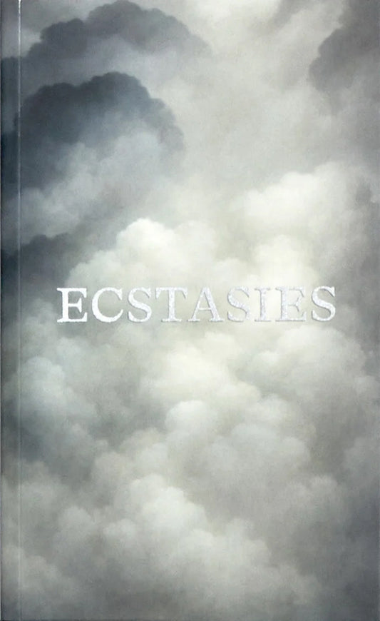 Book cover with 'ECSTASIES' text on a cloud-like background