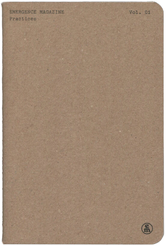 Brown notebook with 'Emergence Magazine Practices' text 