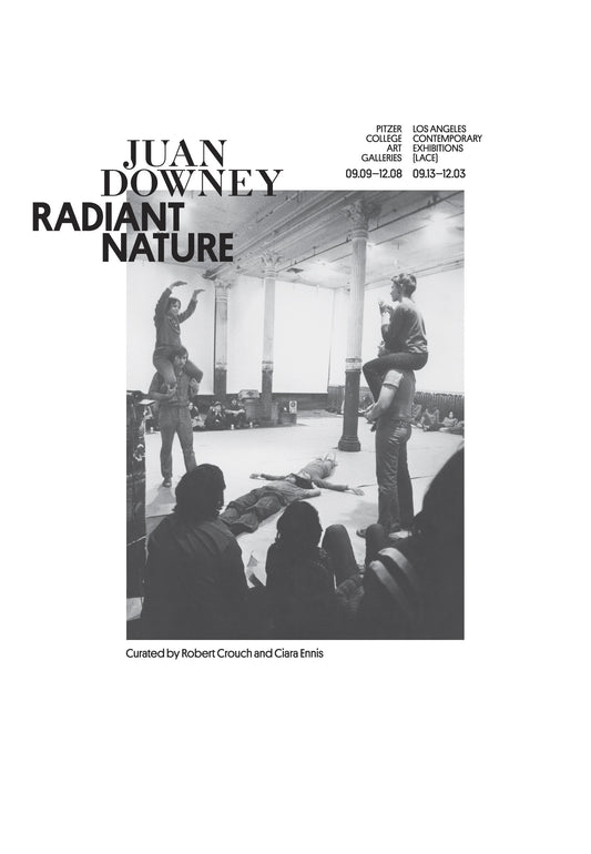 This image features the cover of the book "Radiant Nature," which is a limited edition artist's book by Juan Downey. The cover displays a striking black and white photograph of an art performance, with several figures actively participating.