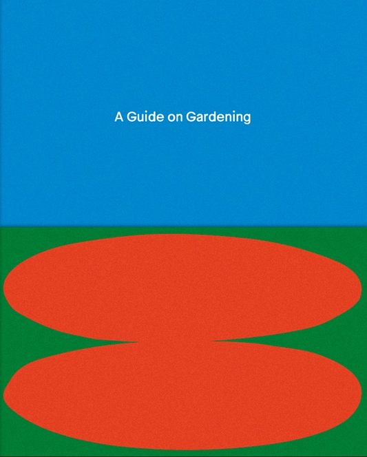 A book cover with a red, orange, and green geometric pattern and the title 'A Guide on Gardening' written in blue.
