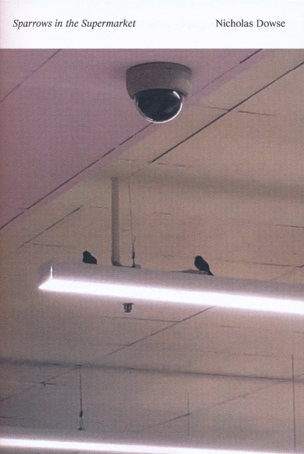 Cover of the poetry collection 'Sparrows in the Supermarket' by Nicholas Dowse, featuring a photograph of sparrows perched on a shelf in a supermarket, with a CCTV camera in the background.