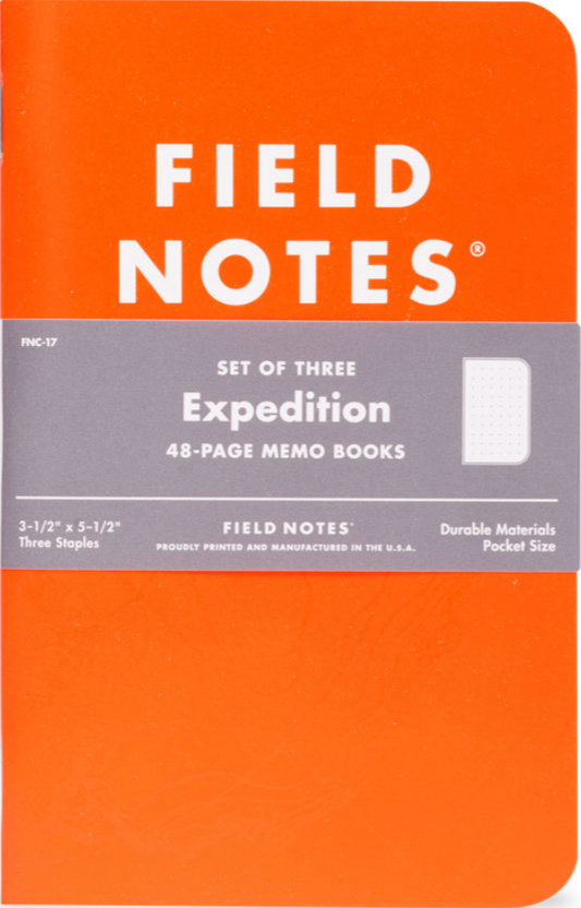 Orange Field Notes Expedition memo book packaging with white text on an orange background