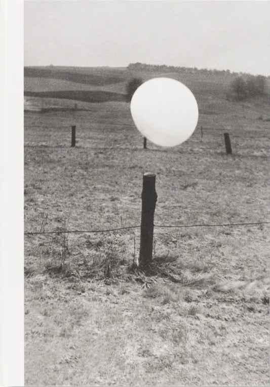 Book cover of Balloons, showing a spherical object floating above a post in an open field