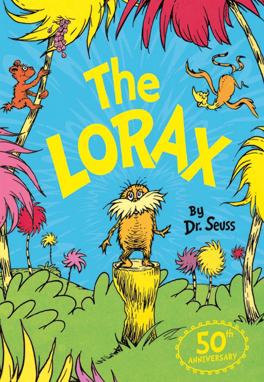 Cover of 'The Lorax' by Dr. Seuss with colorful trees and character.