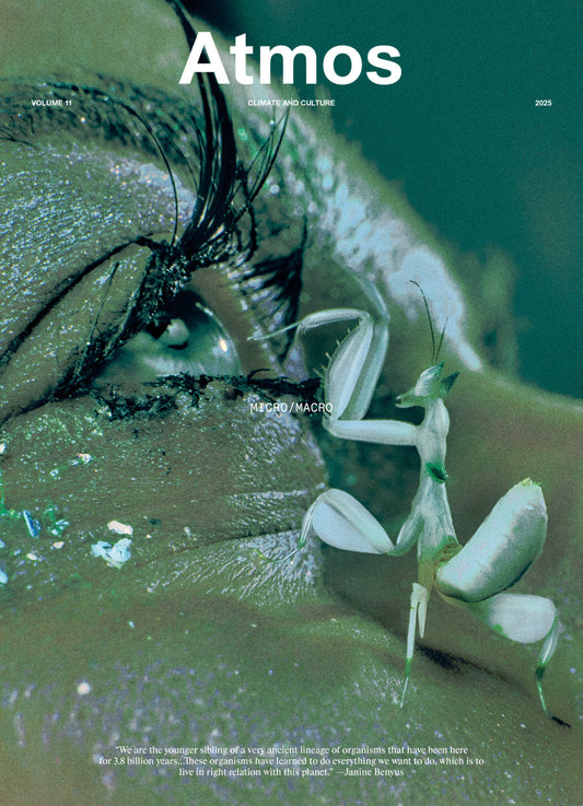 Close-up of a praying mantis on a person's face with 'Atmos' branding.