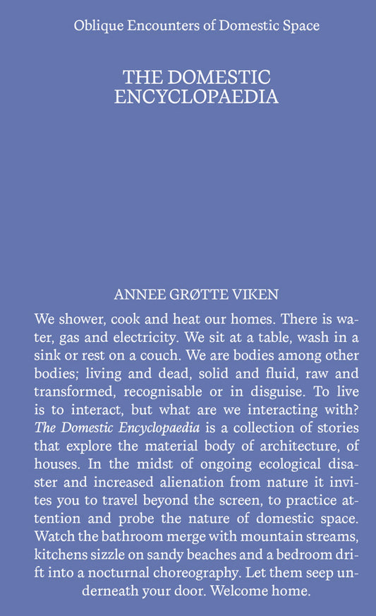 Book cover of 'The Domestic Encyclopaedia' by Annee Grøtte Viken with a blue background and white text.
