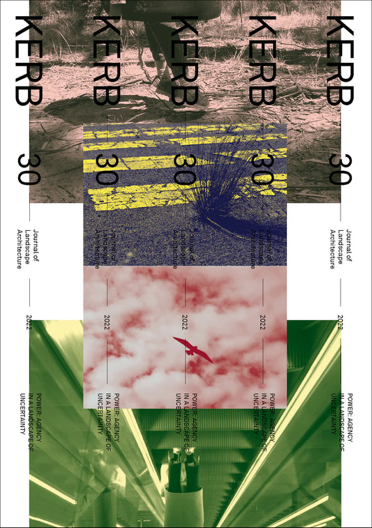 Cover of 'Kerb 30: Power' featuring a abstract design with text and geometric elements in a multicolored backdrop.