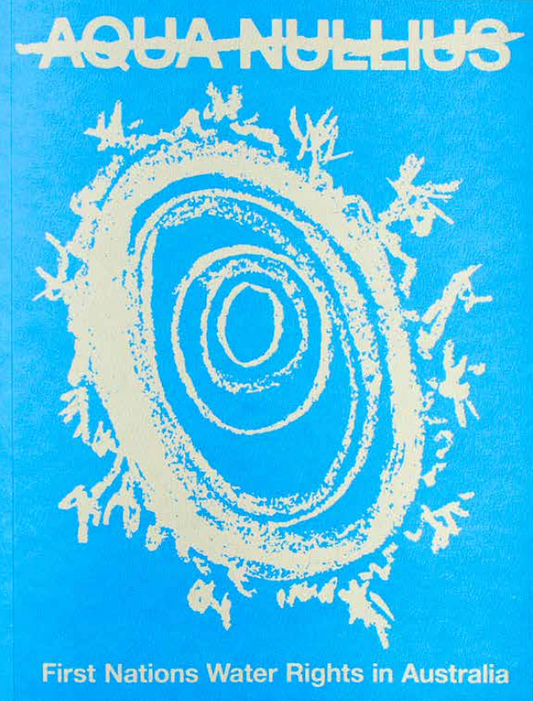 Book cover of 'Aqua Nullius' with a blue background and white spiral design.