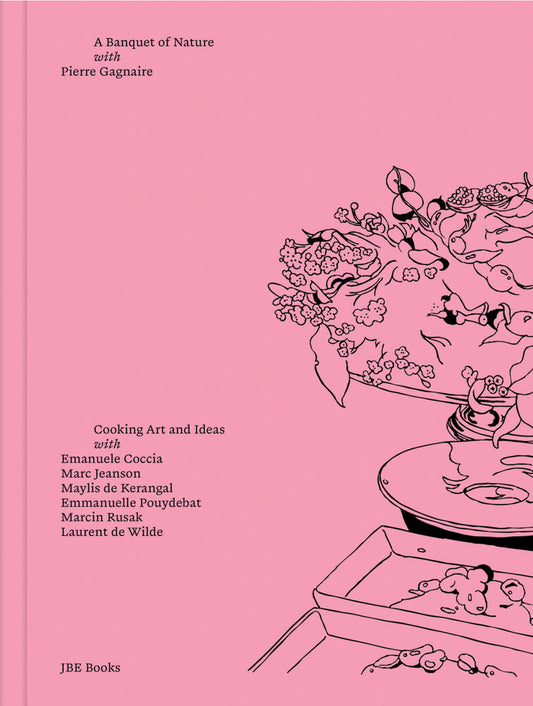 Book cover with pink background and black line art of a table setting with food and flowers.
