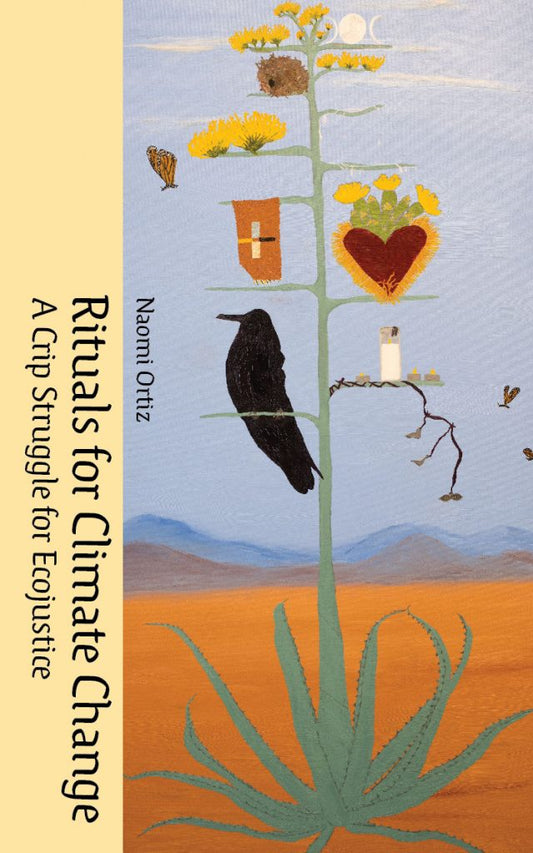 Book cover for 'Rituals for Climate Change' featuring a black crow perched on a flower-like structure, with a mix of natural and abstract elements in the background.