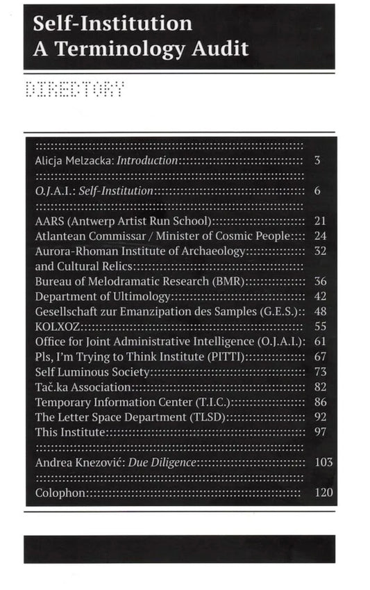 A book titled 'Self-Institution: A Terminology Audit' with chapter headings and page numbers.